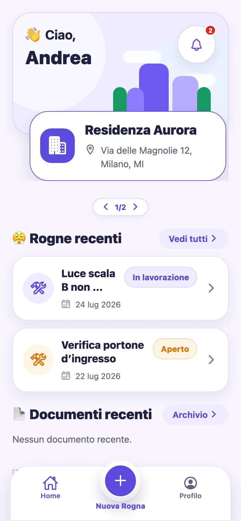Schermata principale dell’app uCondo con condominio, segnalazioni e documenti recenti