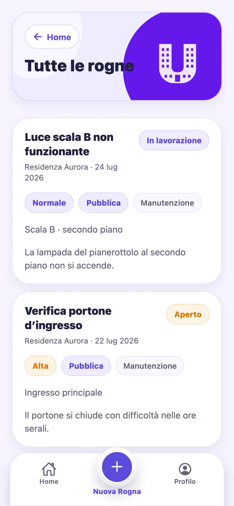 Elenco delle segnalazioni condominiali nell’app uCondo