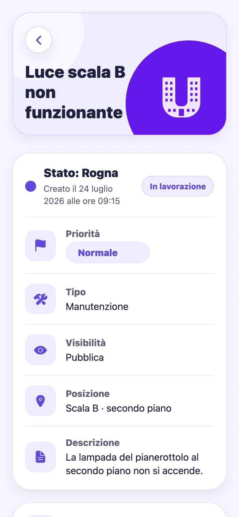 Dettaglio di una segnalazione condominiale nell’app uCondo