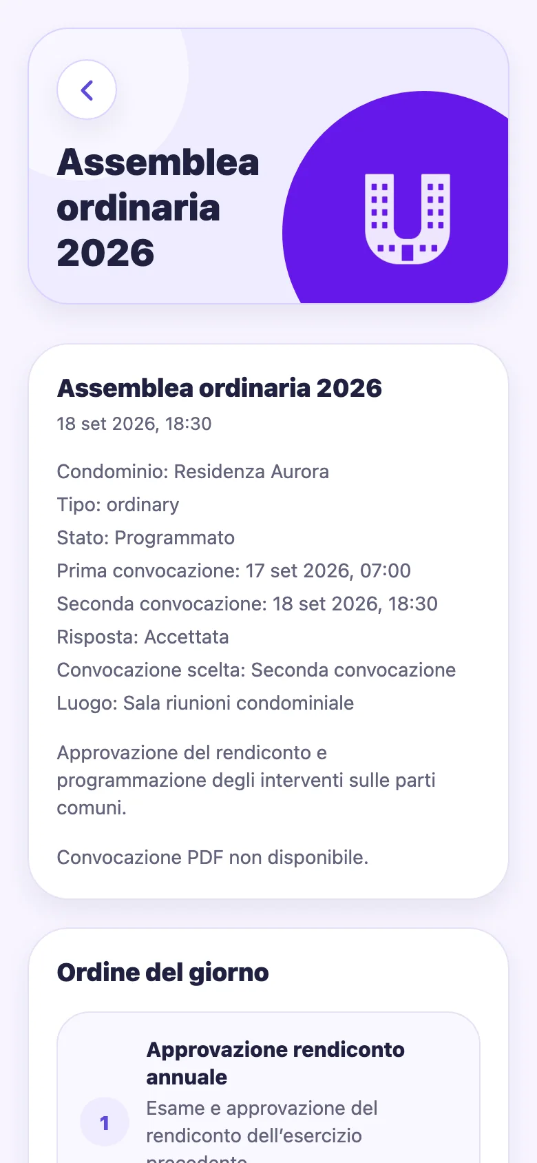 Dettaglio di un’assemblea condominiale nell’app uCondo