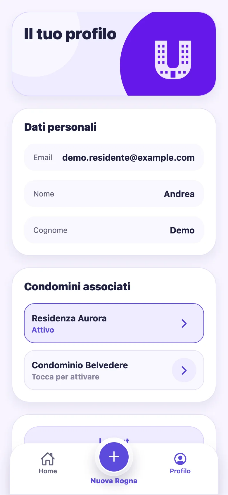 Profilo personale e selezione del condominio nell’app uCondo